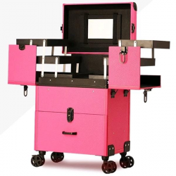 Бьюти кейс на колесиках для мастеров с зеркалом и выдвижной ручкой 43,5х37х24 см цвет розовый.