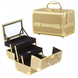 Кейс для косметики и аксессуаров с зеркалом 230*150*160 мм цвет золото со стразами